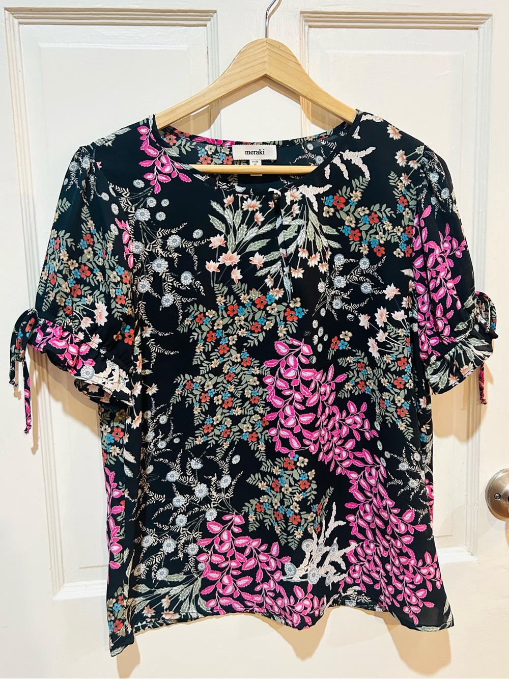 Anthropologie Meraki Floral Puff Sleeve Top Cottage Boho Office Casual Size M